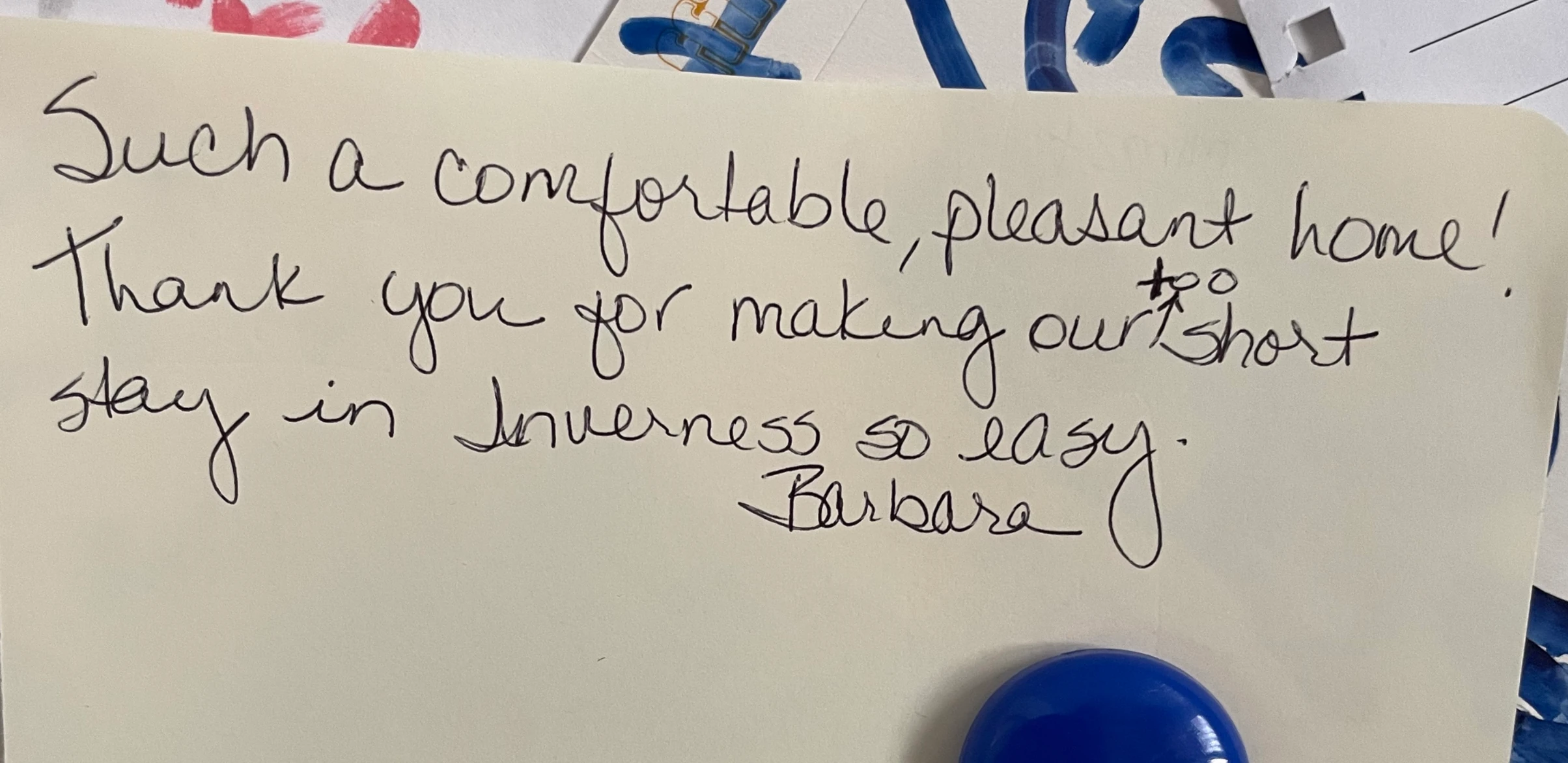 Handwritten guest note from Barbara thanking MOHOS for a comfortable stay in Inverness