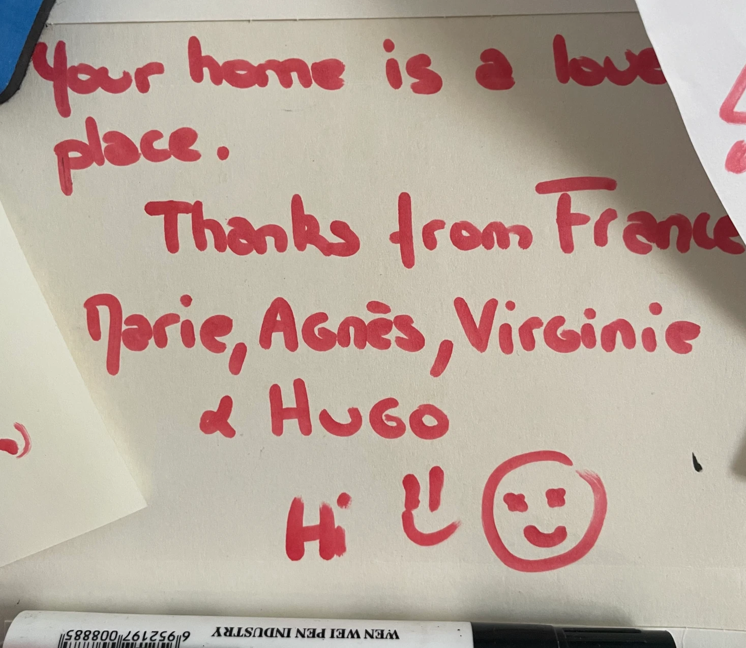 Handwritten thank-you note from guests visiting from France