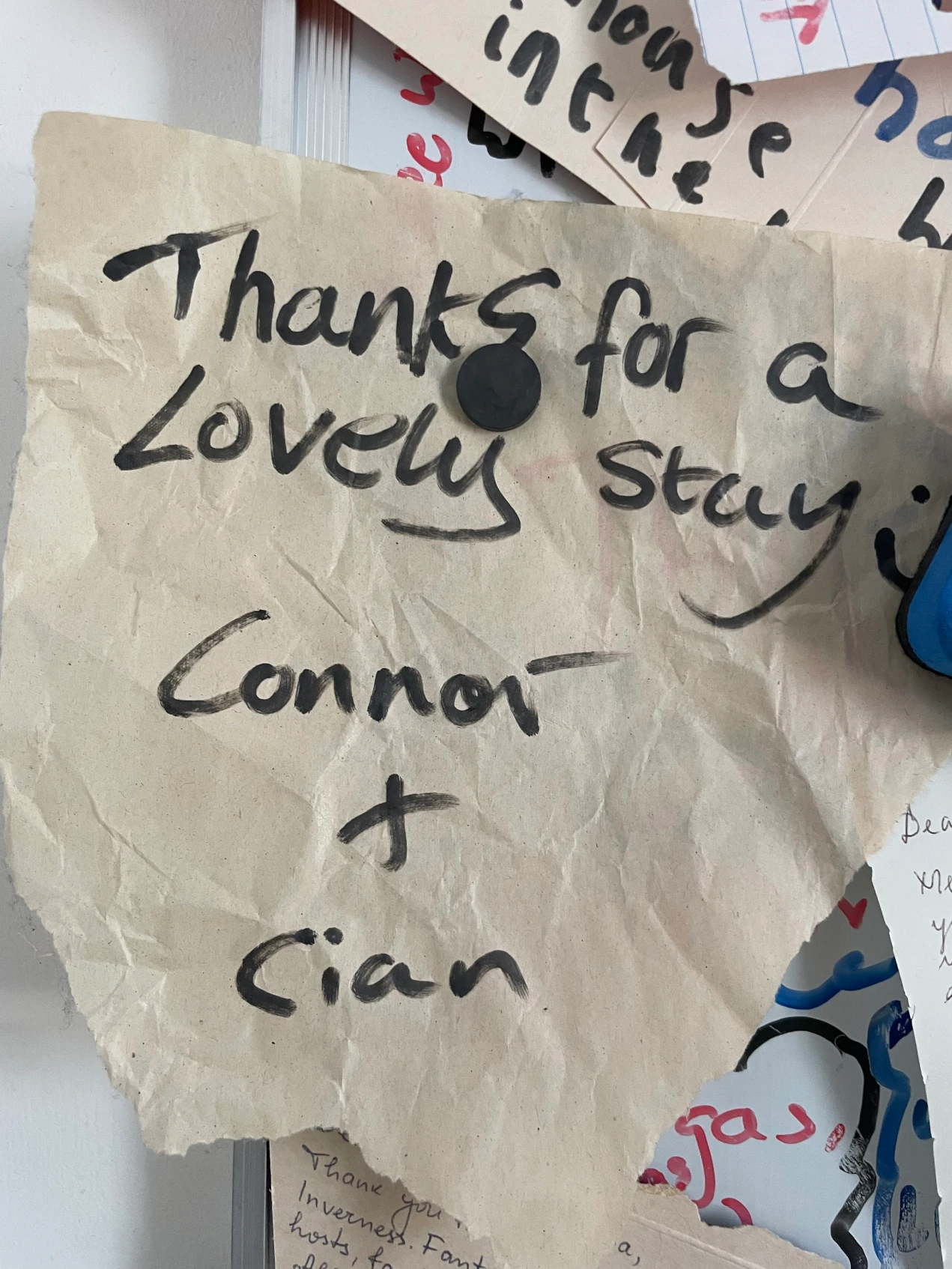 Handwritten guest note thanking MOHOS for a lovely stay