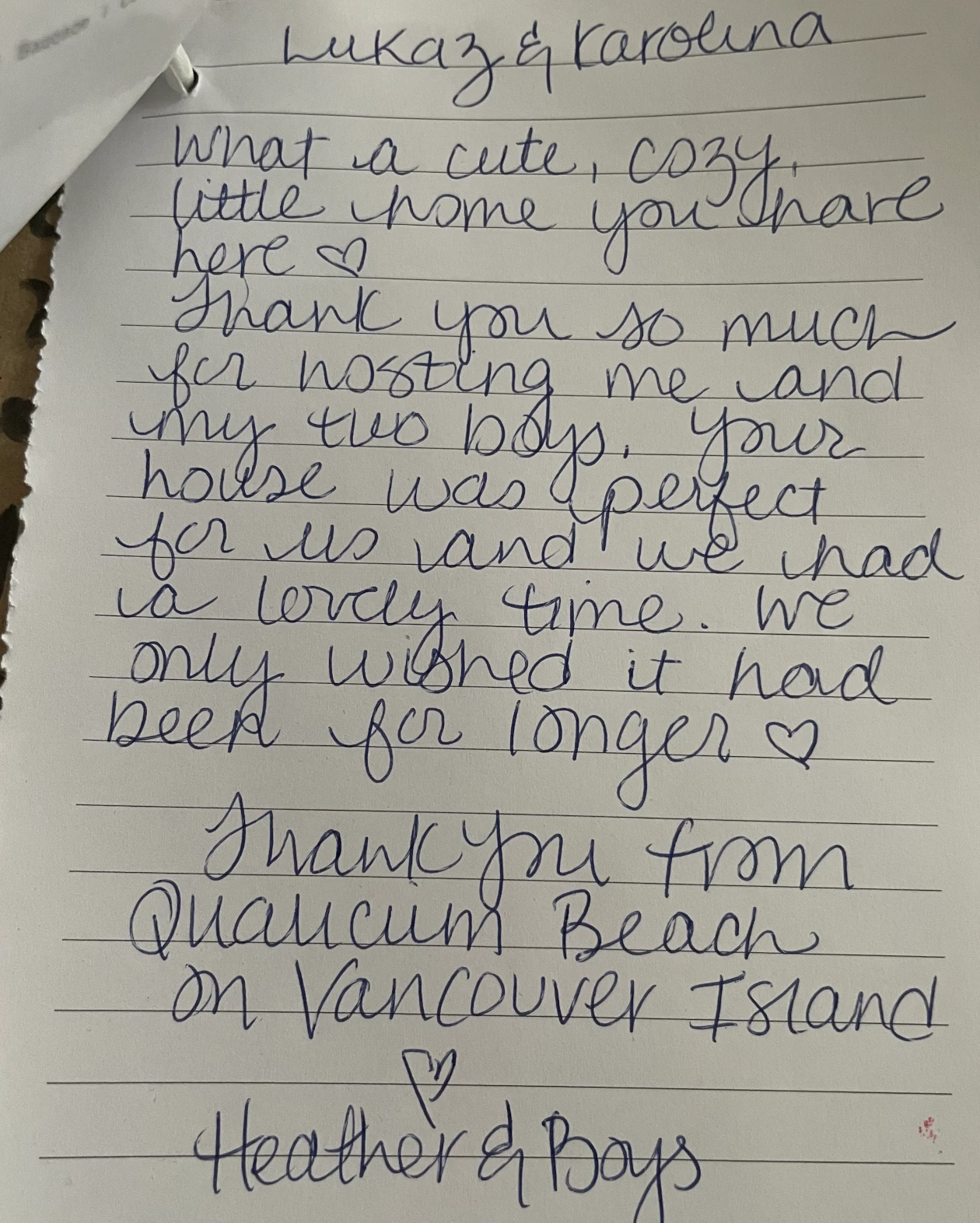 Handwritten guest note from Heather and her boys about their stay with MOHOS