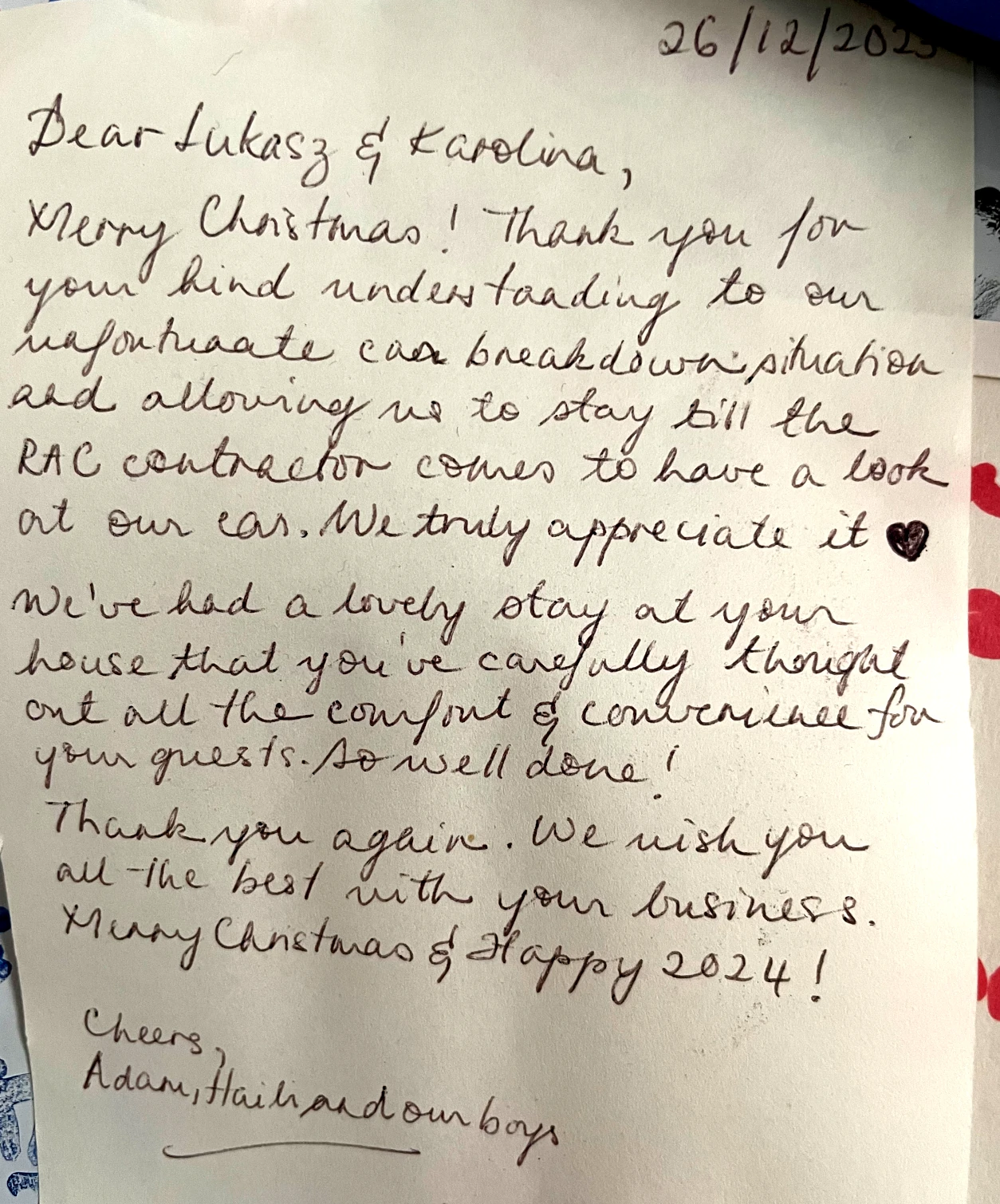 Handwritten Christmas thank-you letter from MOHOS guests