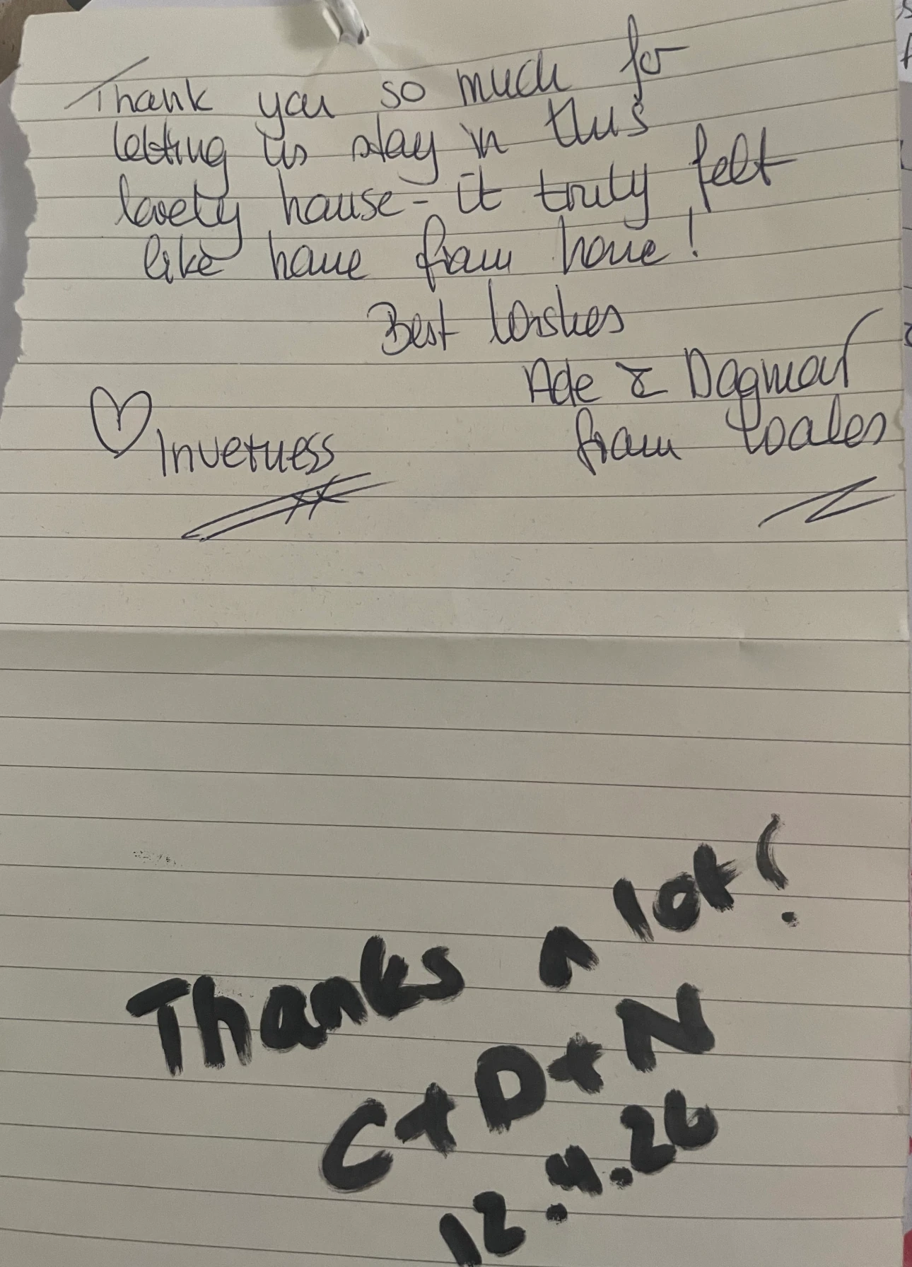 Handwritten guest note thanking MOHOS for a homely stay in Inverness