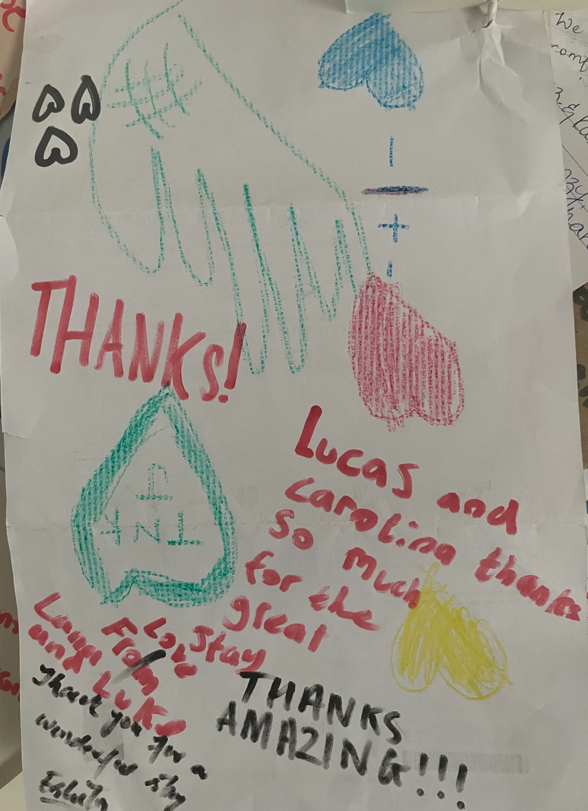 Colourful handwritten thank-you note from young MOHOS guests